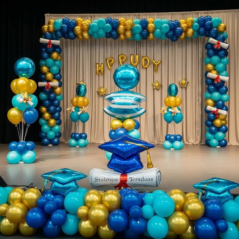 Stage Decoration with Academic Blue, Gold & Turquoise Balloons