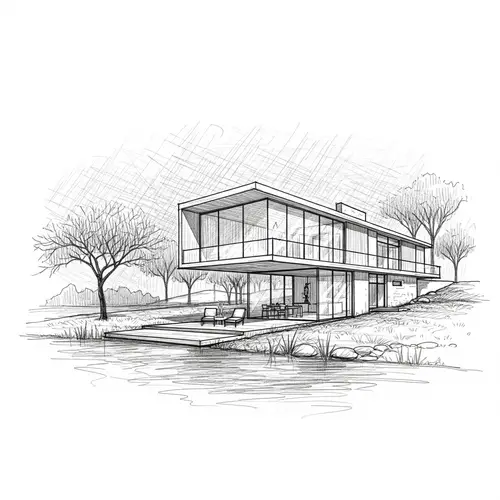 Modern Lake House Illustration | Clear Glass Openings | Trees Landscape