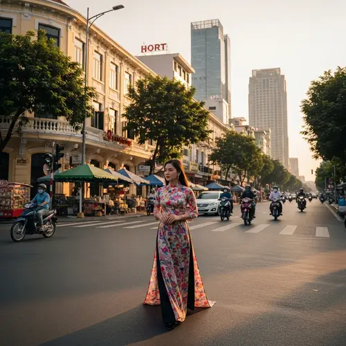 Vietnamese Lady in Áo Dài - Traditional Costume in Vibrant Setting