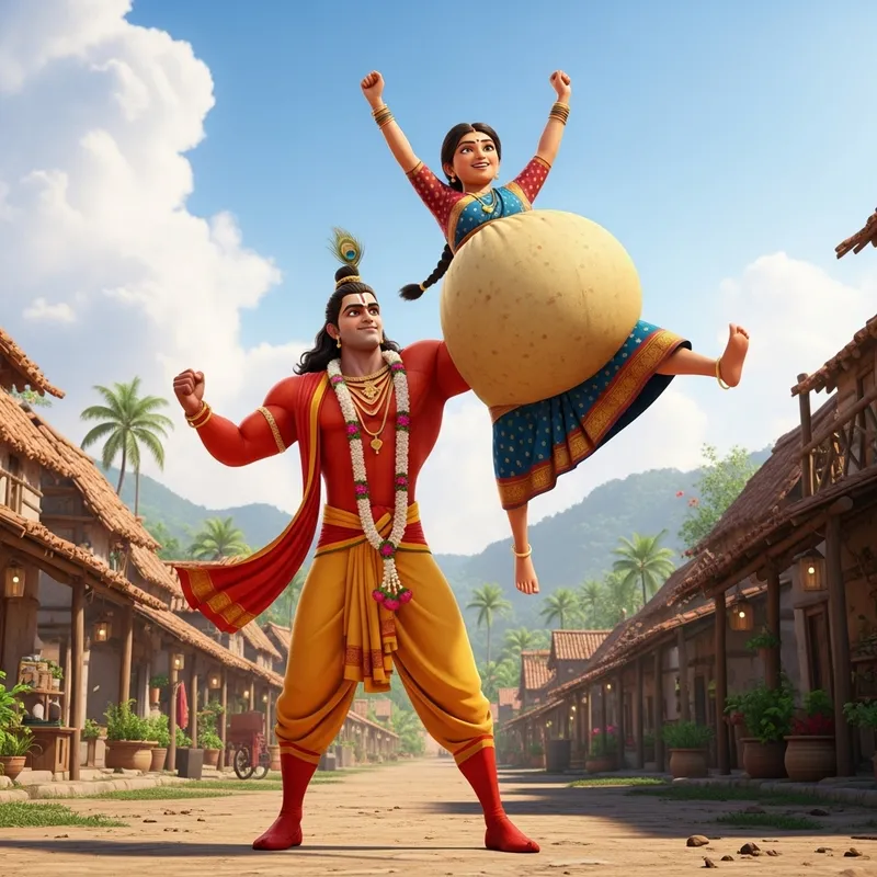 Ganesha Superhero Village Scene with Joyful Woman Ganesha Superhero Village Scene with Joyful Woman