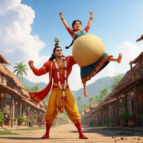 Indian Deity as Superhero Saves Village Woman Scene