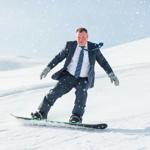 Middle-Aged Banker Snowboarding | Joyful Mountain Descent