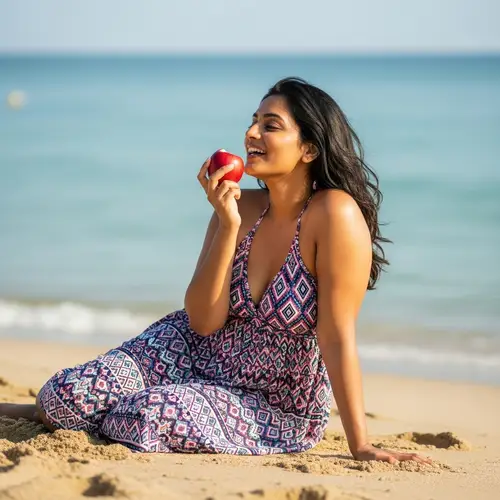 Curvaceous Woman Enjoying Apple on Sun-Kissed Beach | Summer Vibes