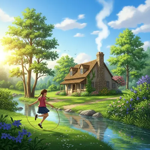 Serene Scene of House with Smoke, Stream, and Skipping Girl