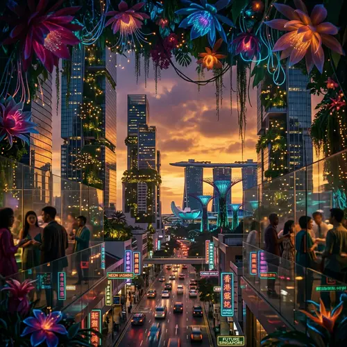 Singapore's Futuristic Skyline Under Vibrant Blooms