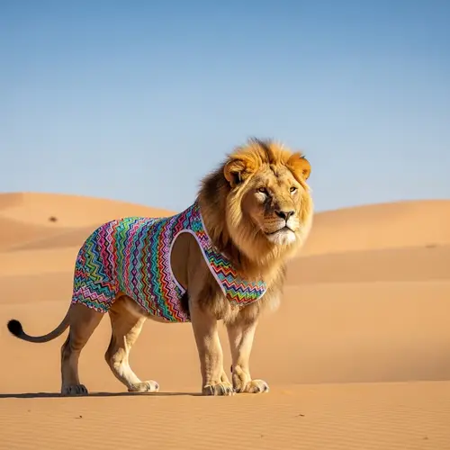 African Lion in Colorful Swimsuit: Desert Dunes Fashion