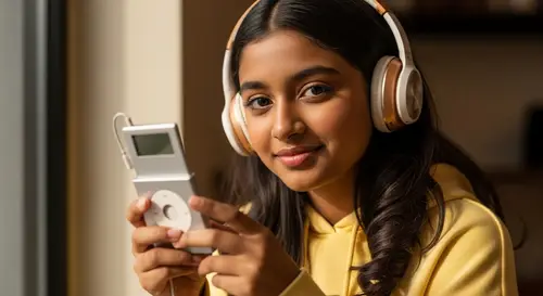 South Asian Girl with Vintage Music Player and Wireless Headphones