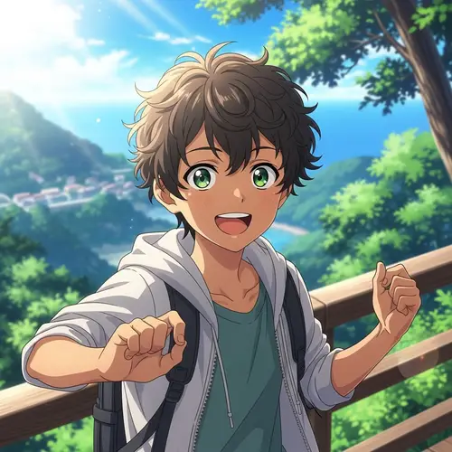 Anime Style Brown Skin Boy Outdoors with Curly Hair
