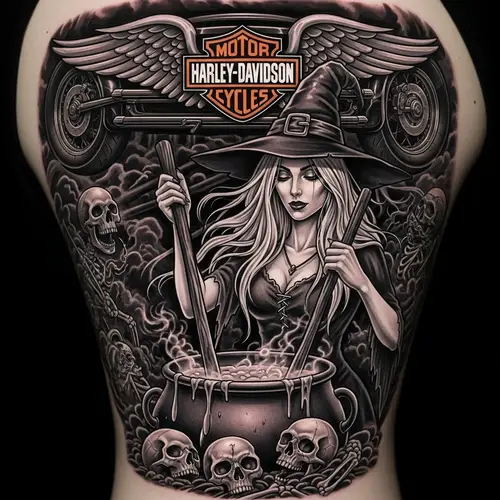 Beautiful Witch Stirring Cauldron with Harley Davidson Bar Design