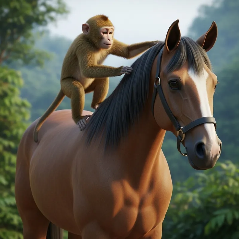 Playful Monkey Riding Majestic Horse in Lush Jungle