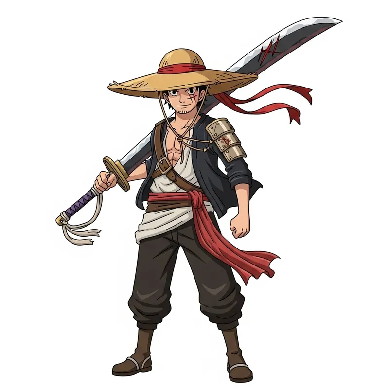 Empowering Male Anime Character with Pirate Hat, Warrior Headband & Samurai Sword