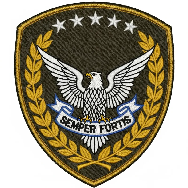 Military Patch: Shield Shape with Eagle, Laurel Wreath & Semper Fortis Military Patch: Shield Shape with Eagle, Laurel Wreath & Semper Fortis