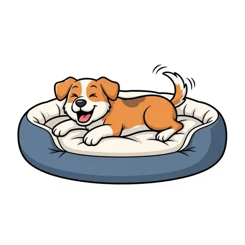 Playful Dog on Luxurious Round Dog Bed Illustration