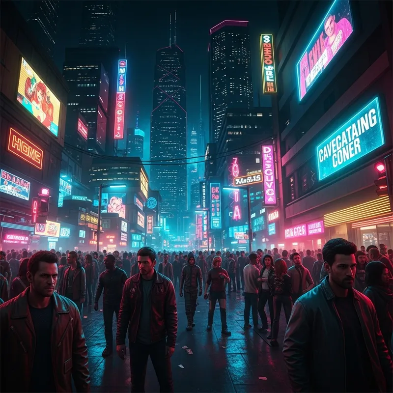 Dystopian Cyberpunk Metropolis: Neon Lights & Skyscrapers