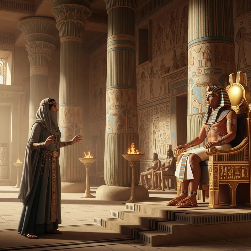 Veiled Woman Speaks to Pharaoh in Grand Palace