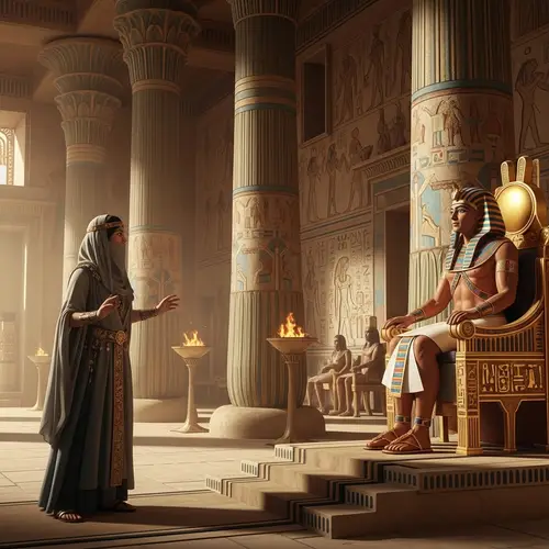 Veiled Woman Speaks to Pharaoh in Grand Palace