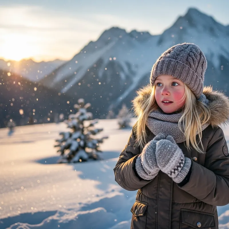 Enchanting Blonde Girl Admiring Snowy Mountain Landscape Enchanting Blonde Girl Admiring Snowy Mountain Landscape