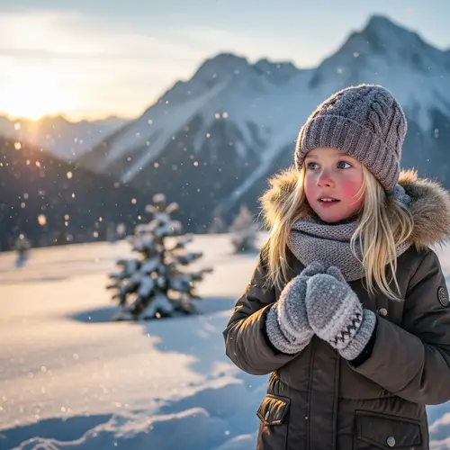 Enchanting Girl with Blonde Hair in Snowy Mountain Landscape