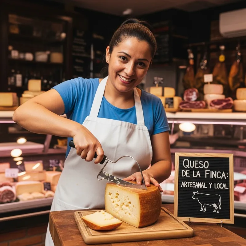 Smiling Woman Cuts Round Flor de Esgueva Cured Cheese at Butcher Shop