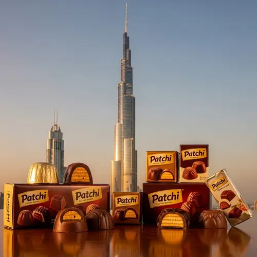 Artistically Displayed Patchi Chocolates with Modern Skyscraper Backdrop