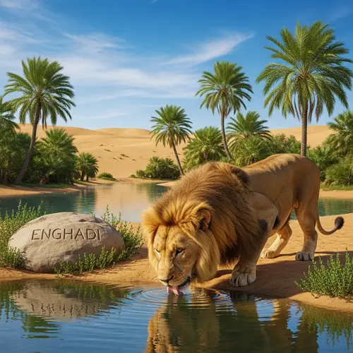 Majestic Lion Drinking at Enghadi Oasis - Serene Wildlife Scene