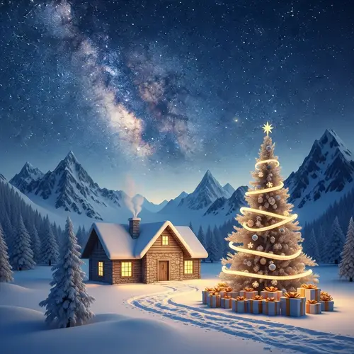 Snow-Covered Mountains & Cozy Christmas Scene