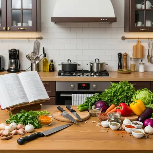 Inviting Kitchen Background with Modern Appliances and Fresh Ingredients