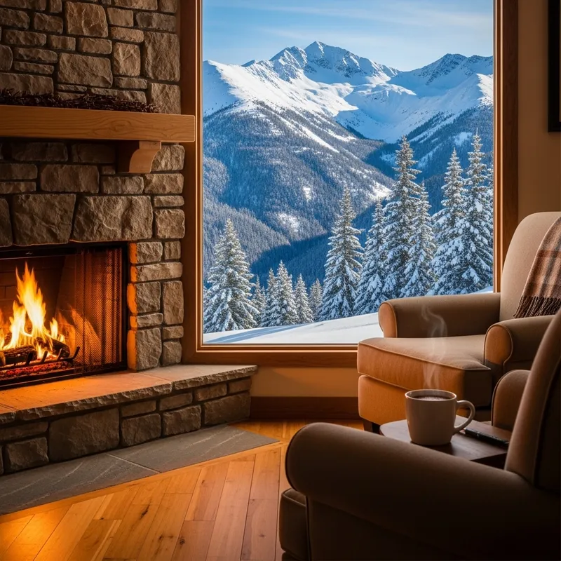 Cozy Fireplace with Snowy Mountain View | Winter Retreat Cozy Fireplace with Snowy Mountain View | Winter Retreat