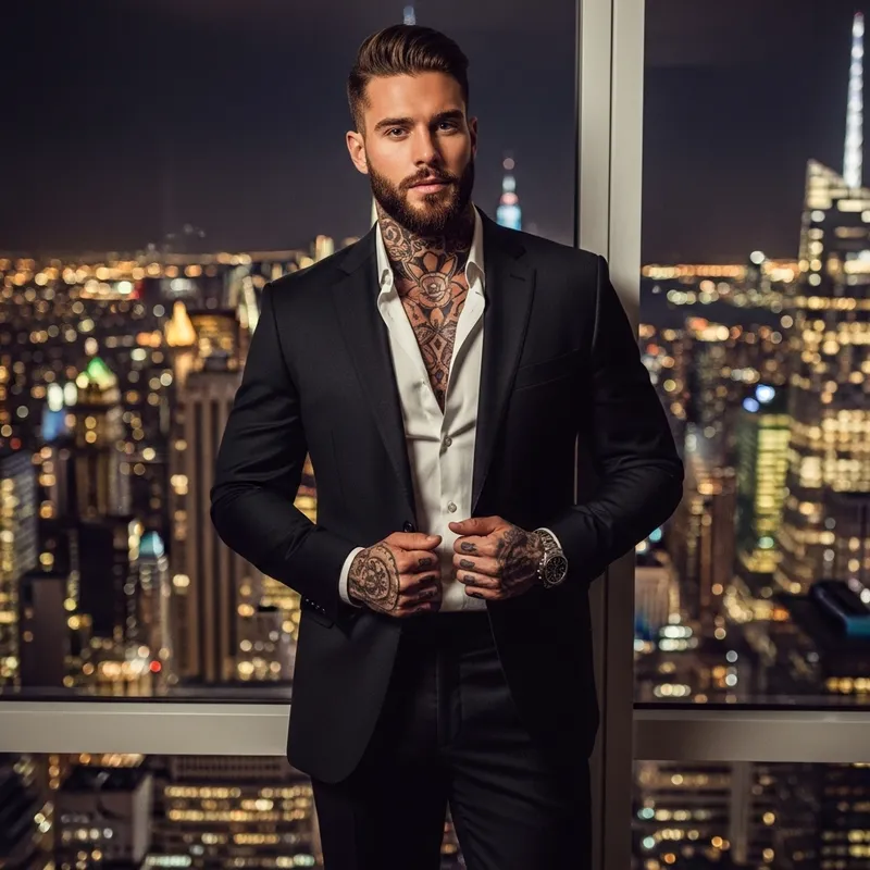 Captivating Urban Romanticism: Italian Man in Tailored Suit by NYC Night Lights