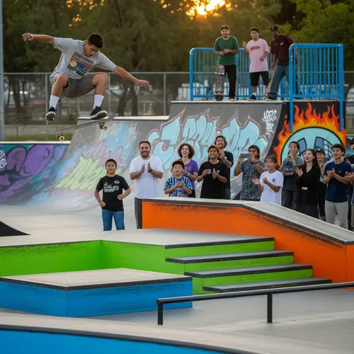 Hispanic Male Skateboarder Stunting at Vibrant Skate Park