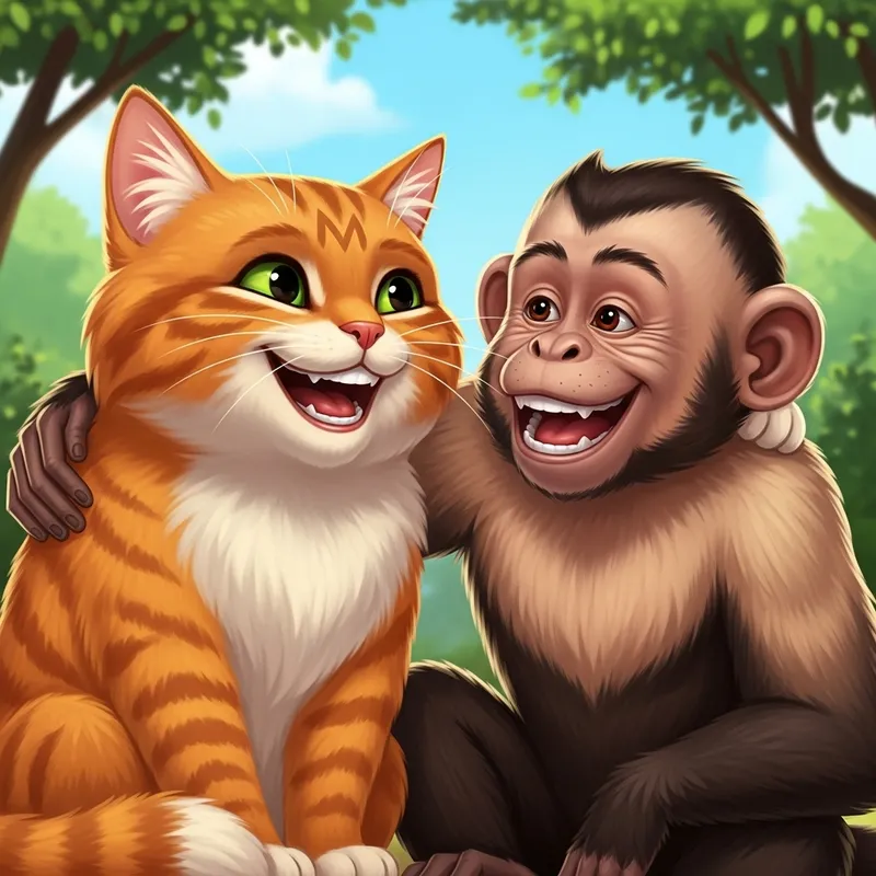 Friendly Cat and Monkey Smiling Together Image