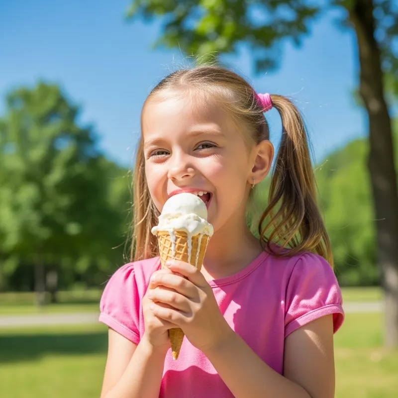 Little White Girl Savoring Vanilla Ice Cream Outdoors