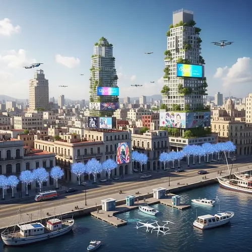 Futuristic Havana 2050: Advanced Transportation and Eco-friendly Skyscrapers