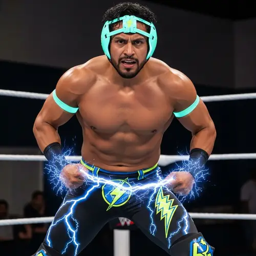 Dynamic Hispanic Wrestler with Electric-Themed Design Elements