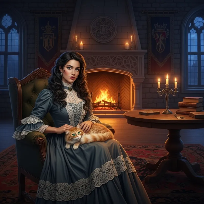 Beautiful Hispanic Lady in Antique Attire with Cat in Castle Chamber