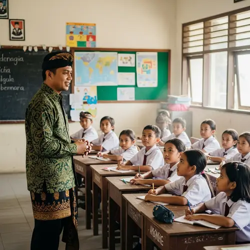 Male Indonesian Teacher in Traditional Attire Teaching in Classroom