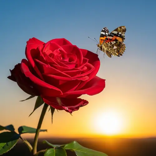 Crimson Rose with Sun and Butterfly in Blue Sky