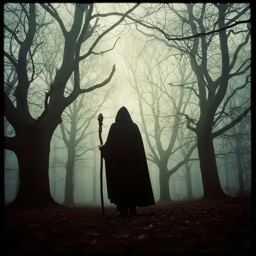 Mysterious Figure in Foggy Forest | Vintage Dark Fantasy Scene