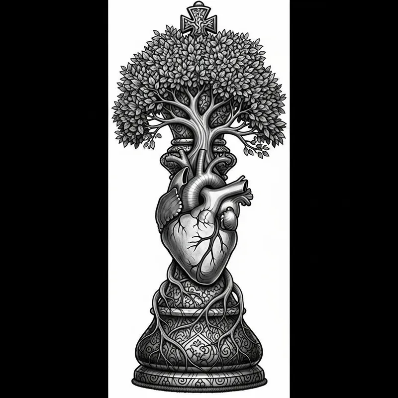 Intricately Carved Chess King Tattoo Design with Tree and Heart