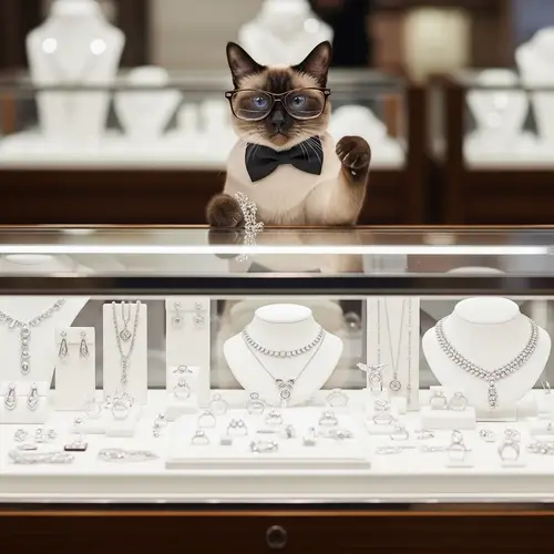 Siamese Cat Showcasing Silver Jewelry Collection