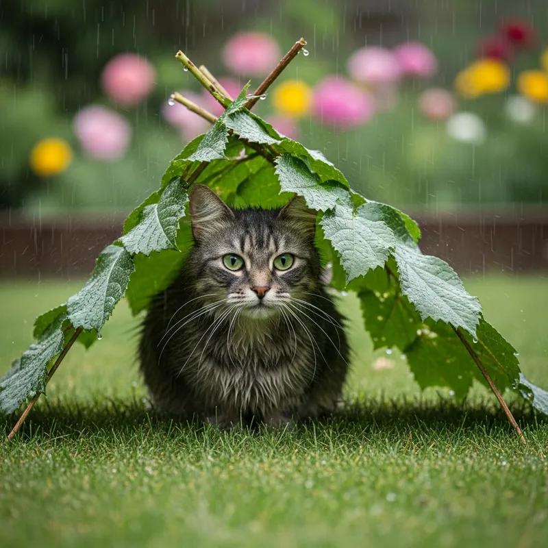 Cat Sheltering Under Leaves During Rainy Day Cat Sheltering Under Leaves During Rainy Day