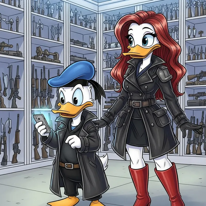 Anthropomorphic Duck Characters in Stylish Outfits - Action-packed Cartoon Scene