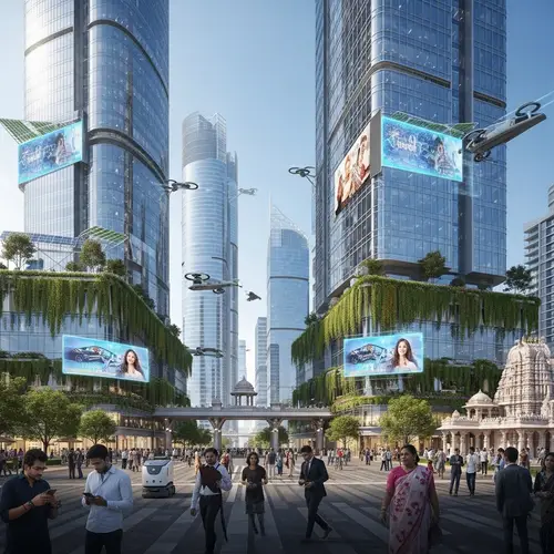 Futuristic Landscape of India 2050: Skyscrapers, Solar Panels, Flying Cars