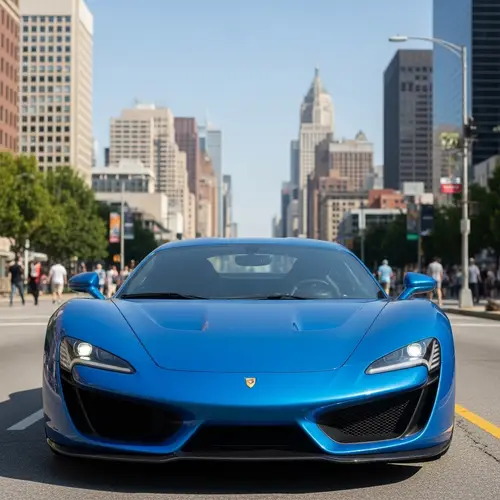 Vibrant Blue Sports Car in Cityscape | Urban Modern Daylight View