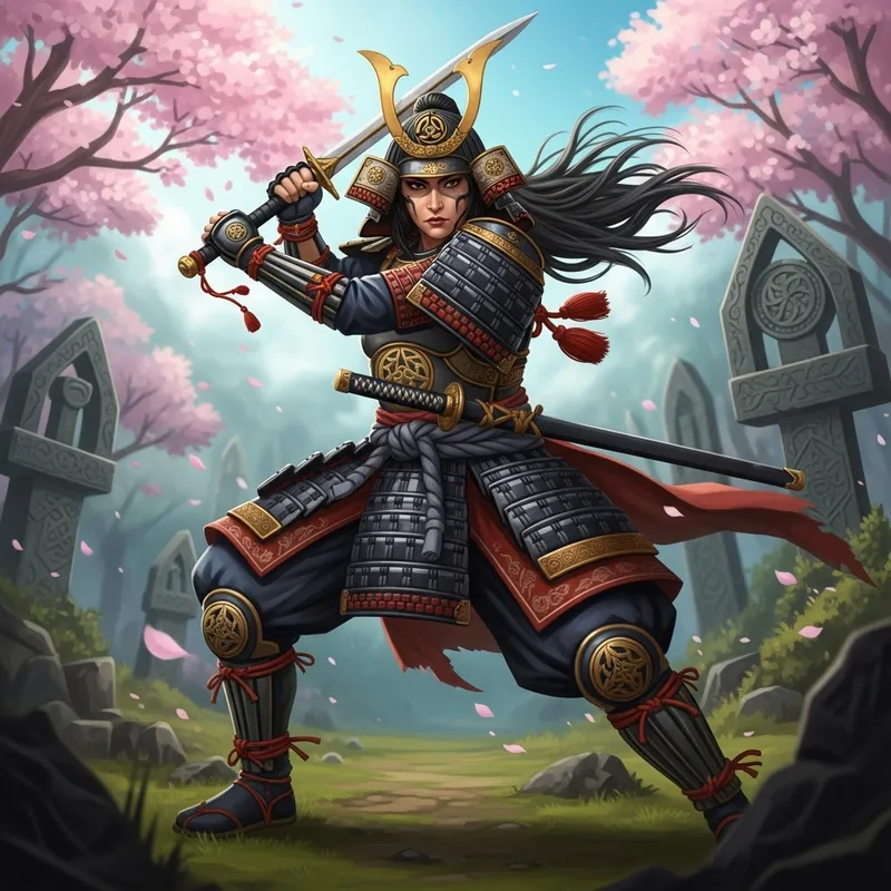 Dynamic Female Warrior: Japanese Celtic Descent Embracing Tradition