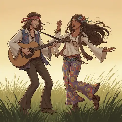 Hippie Couple Art: Joyful 1960s Fashion Concept
