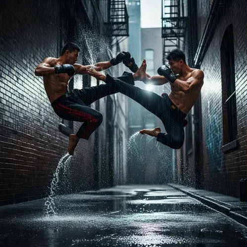 Dramatic Martial Arts Duel in a Rainy Alley