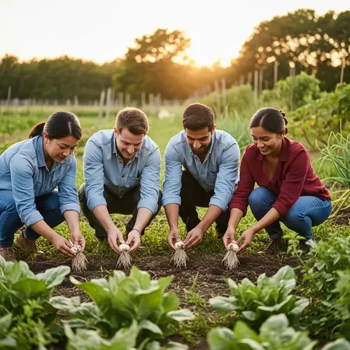Multicultural Community Planting Garlic in Lush Garden Setting