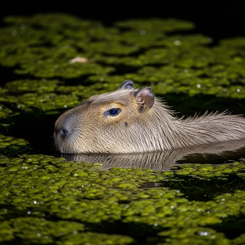 Capybara in Algae: Nighttime Tranquility