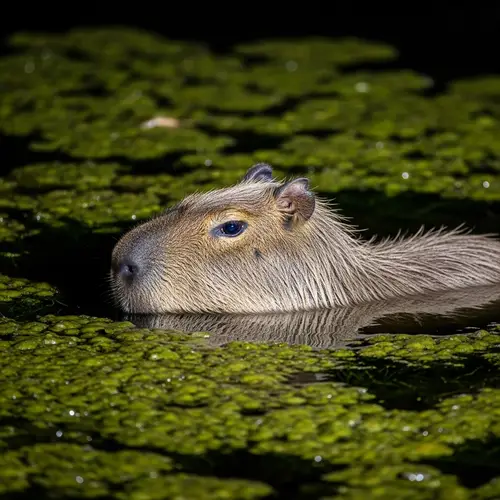 Tranquil Night Scene: Capybara in Moonlit Water Surrounded by Glowing Algae